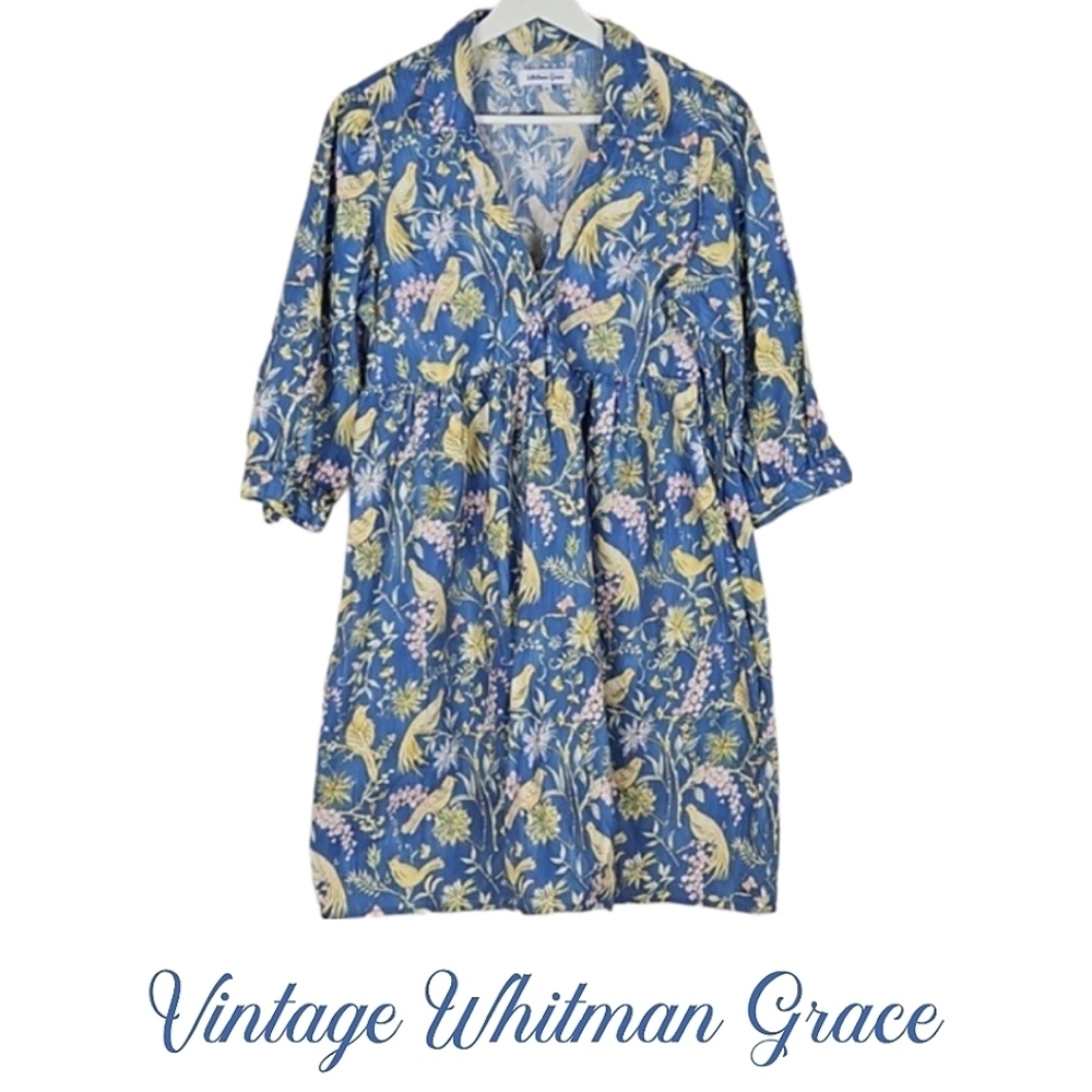 Vintage Yellow Canary Bird Floral Print Deep-V-Neck Dress in Blue, XL